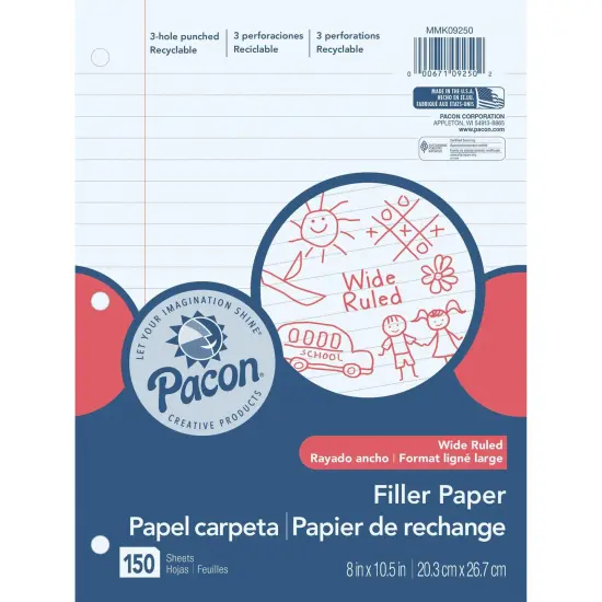Filler Paper, White, 3-Hole Punched, Red Margin, 3/8" Ruled, 8" x 10-1/2", 150 Sheets Per Pack, 6 Packs {3}