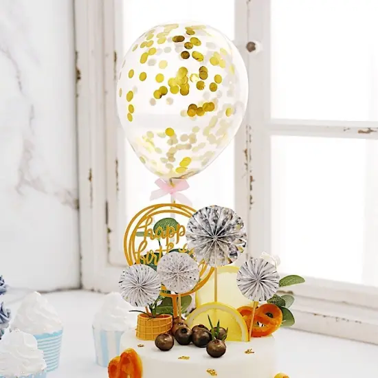 Happy Birthday Cake Topper Set with Paper Fans and Confetti Balloon Decorations Gold & silver {4}