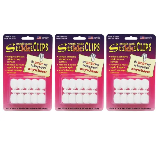 StikkiCLIPS&trade; Adhesive Clips, White, 30 Per Pack, 3 Packs {1}