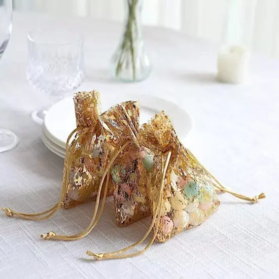 12 GOLD Metallic 4"x5" Polyester Wedding FAVOR BAGS Drawstring {3}