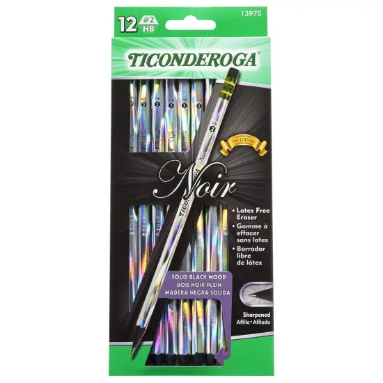 Noir Pencils, Holographic Foil on Black Wood, #2 Soft, Presharpened, 12 Per Pack, 3 Packs {3}
