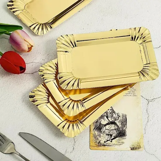 10 GOLD 6" Mini Rectangle PAPER SERVING TRAY Scalloped Design {3}