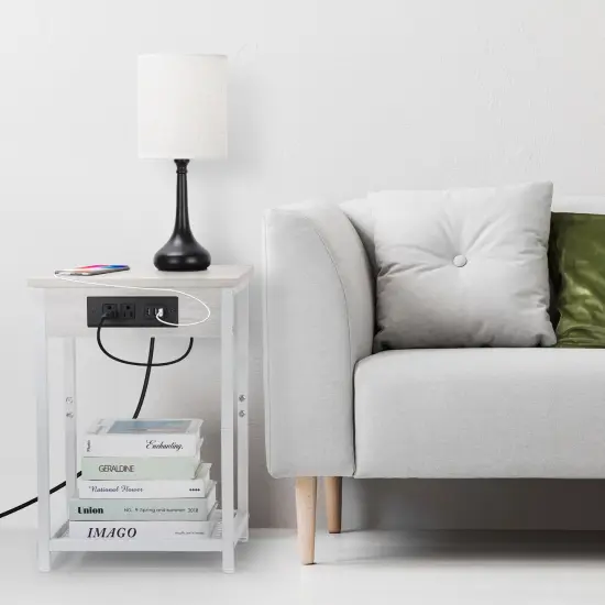 End Table with USB Ports and AC Outlets White 2PCS {5}