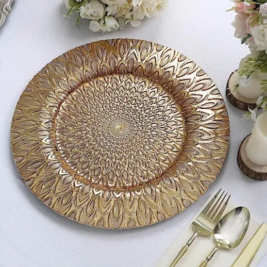 GOLD 6 Plastic 13" Round CHARGER PLATES Embossed Peacock Pattern {3}