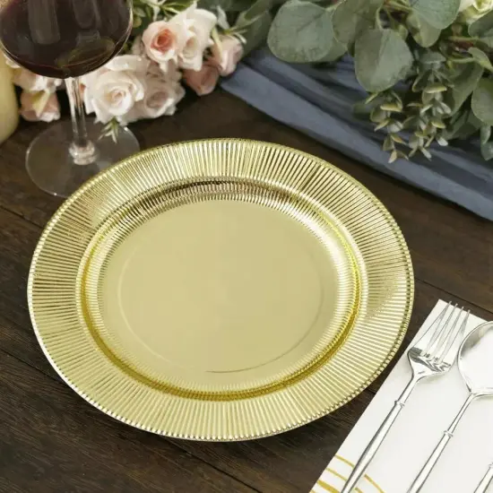 25 GOLD 8" Metallic Round Paper Salad DINNER PLATES Textured Rim {4}
