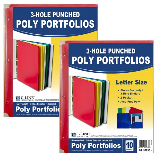 Two-Pocket Heavyweight Poly Portfolio Folder with Three-Hole Punch, Assorted Primary Colors, 10 Per Pack, 2 Packs {1}