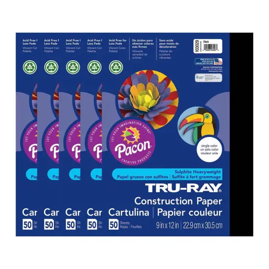 Construction Paper, Black, 9" x 12", 50 Sheets Per Pack, 5 Packs {1}