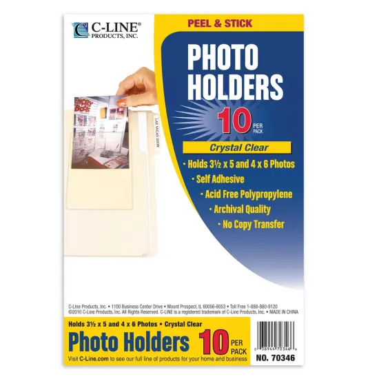 Peel & Stick Photo Holders, Clear, 4" x 6", 10 Per Pack, 5 Packs {3}