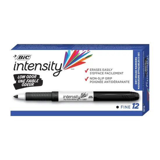 Intensity Low Odor Dry Erase Markers, Fine Tip Dry Erase Markers (6.34 mm), Black, 12-Count Pack {1}