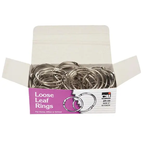 Loose Leaf Rings with Snap Closure, Nickel Plated, 2 Inch Diameter, 50 Per Box, 2 Boxes {2}