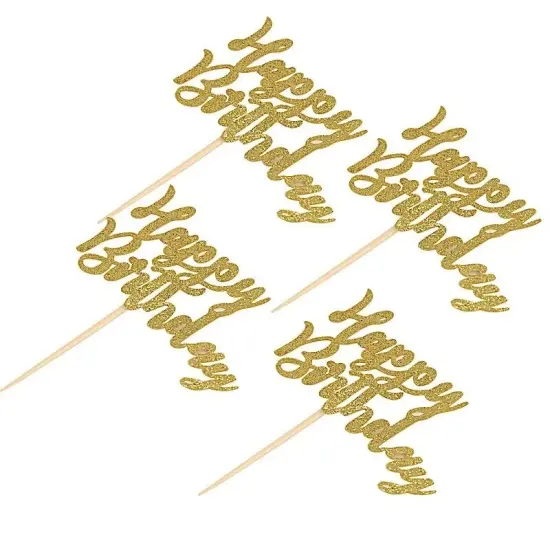 24 Gold Glitter Happy Birthday Cake & Cupcake Toppers {1}