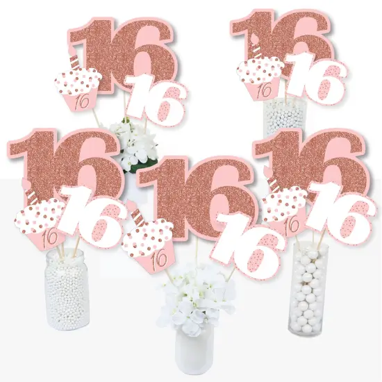 Big Dot of Happiness 16th Pink Rose Gold Birthday - Happy Birthday Party Centerpiece Sticks - Table Toppers - Set of 15 {3}