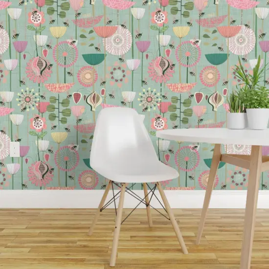 Peel & Stick Wallpaper 2FT Wide Bees Fly Pastel White Green Flowers Pink Large Atomic Style Mint Modern Custom Removable Wallpaper by Spoonflower {1}
