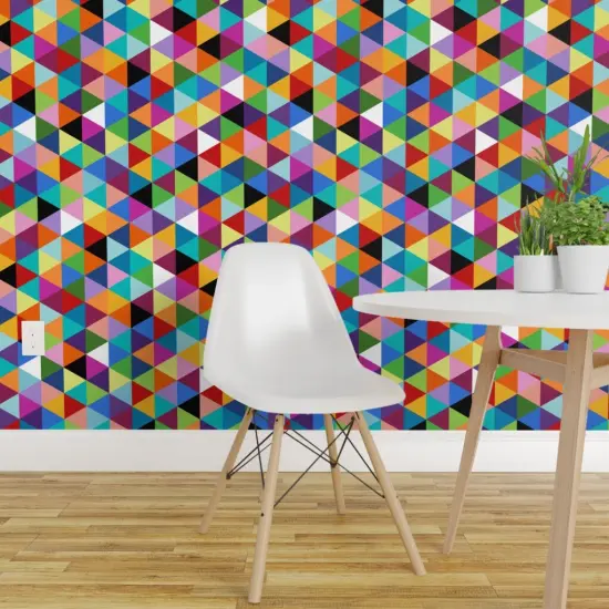 Peel & Stick Wallpaper 2FT Wide Colorful Geometric Triangle Cheater Quilt Pattern Happy Multi Color Modern Triangles Pop Art Colors Abstract Kid Room Shapes Custom Removable Wallpaper by Spoonflower {1}
