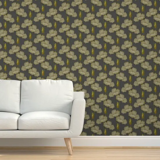 Peel & Stick Wallpaper 2FT Wide Art Decor Poppy Vintage 1920S Poppies Yellow Grey Antique Floral Botanical Custom Removable Wallpaper by Spoonflower {5}