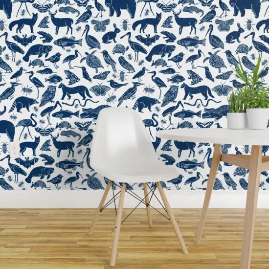 Peel & Stick Wallpaper 2FT Wide Animals Navy Blue Zoo Botanical Nursery Kids Custom Removable Wallpaper by Spoonflower {1}