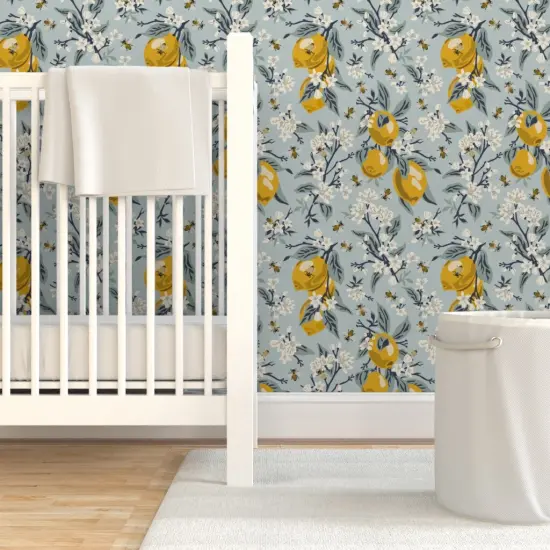 Pre-Pasted Wallpaper 2FT Wide Lemons And Honeybees Modern Farmhouse Citrus Grove Pollinators Bees Mustard Yellow White Aqua Blue Custom Pre-pasted Wallpaper by Spoonflower {3}