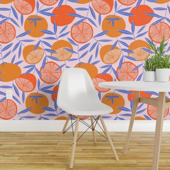 Pre-Pasted Wallpaper 2FT Wide Bright Citrus Orange Tropical Vector Art Hand-Drawn Tangerine Custom Pre-pasted Wallpaper by Spoonflower {1}