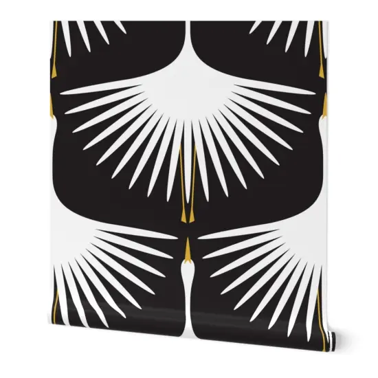 Peel & Stick Wallpaper 2FT Wide Art Deco Crane White Black Bird Geometric Feather Elegant Swan Custom Removable Wallpaper by Spoonflower {4}