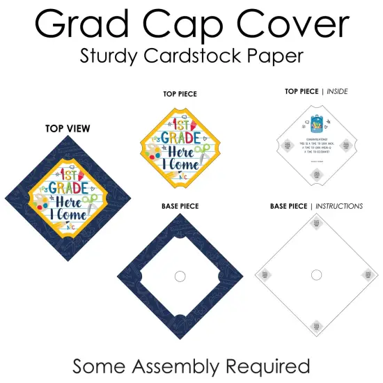 Big Dot of Happiness 1st Grade Here I Come - Kids Kindergarten Graduation Cap Decorations Kit - Grad Cap Cover {6}