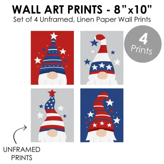 Big Dot of Happiness Patriotic Gnomes - Unframed Memorial Day, 4th of July & Labor Day Gnome Linen Paper Wall Art - Set of 4 - Artisms - 8 x 10 inches {6}