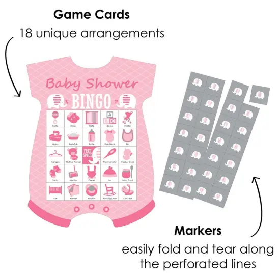 Big Dot of Happiness Pink Elephant - Picture Bingo Cards and Markers - Girl Baby Shower Shaped Bingo Game - Set of 18 {3}