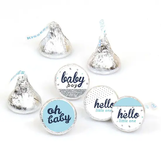 Big Dot of Happiness Hello Little One - Blue & Silver Boy Baby Shower Party Round Candy Sticker Favors - Labels Fits Chocolate Candy (1 sheet of 108) {1}