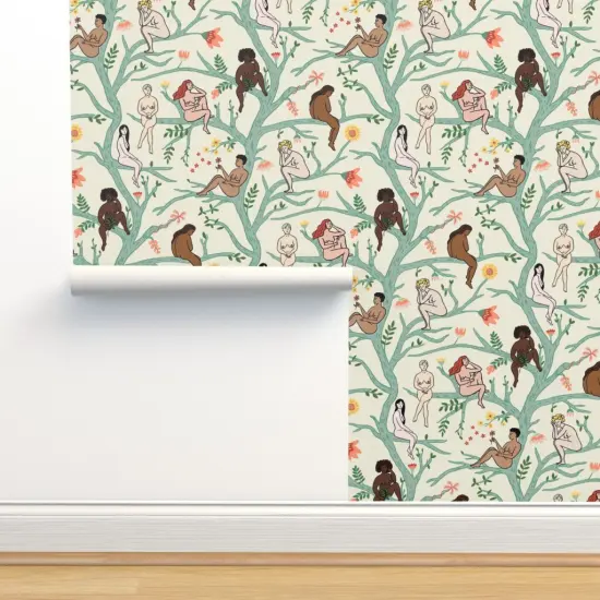 Pre-Pasted Wallpaper 2FT Wide Boho Women Floral Trees Turquoise Botanical Naked Feminist Nudes Health Diversity Gardens Body Climbing Vines Garden Of Eden Custom Pre-pasted Wallpaper by Spoonflower {2}