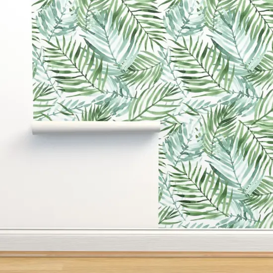 Peel & Stick Wallpaper 2FT Wide Watercolor Tropical Palm Leaf Green Jungle Exotic Plant Custom Removable Wallpaper by Spoonflower {2}