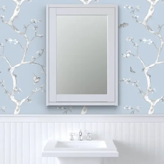 Pre-Pasted Wallpaper 2FT Wide Chinoiserie Large Scale Pastel Blue Victorian Flower Bird Romantic Custom Pre-pasted Wallpaper by Spoonflower {6}