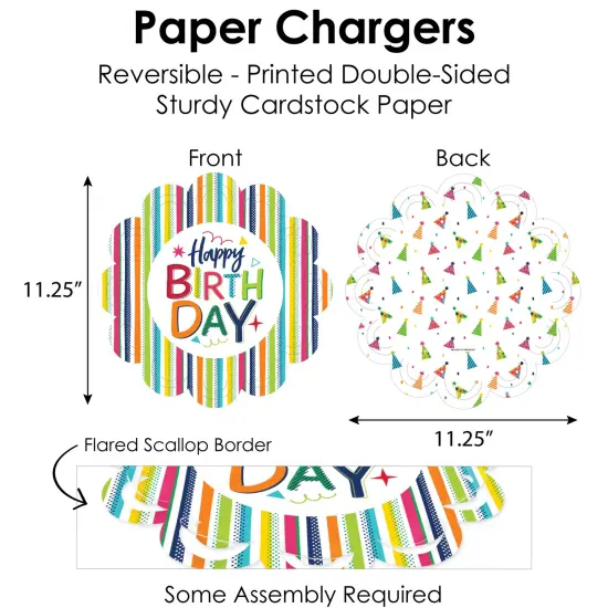 Big Dot of Happiness Cheerful Happy Birthday - Colorful Birthday Party Paper Charger and Table Decorations - Chargerific Kit - Place Setting for 8 {6}