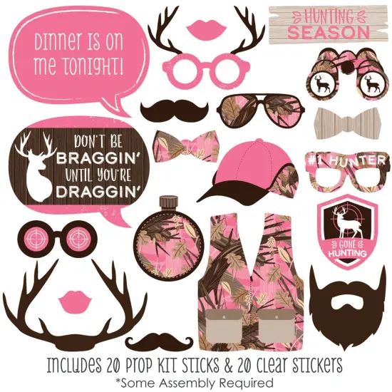 Big Dot of Happiness Pink Gone Hunting - Deer Hunting Girl Camo Baby Shower or Birthday Party Photo Booth Props Kit - 20 Count {3}