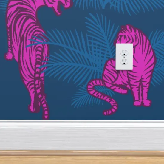 Peel & Stick Wallpaper 2FT Wide Maximalist Tigers Neon Pink Opulent Jungle Large Scale Hollywood Regency Custom Removable Wallpaper by Spoonflower {4}