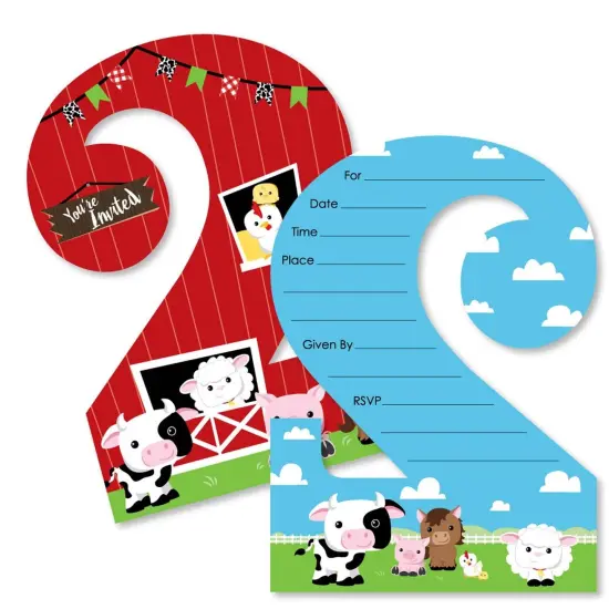 Big Dot of Happiness 2nd Birthday Farm Animals - Shaped Fill-in Invites - Barnyard Second Birthday Party Invitation Cards with Envelopes - Set of 12 {1}
