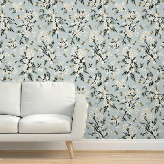 Peel & Stick Wallpaper 2FT Wide Flowers On Blue White Floral Traditional Honeybee Farmhouse Faux Texture Citrus Custom Removable Wallpaper by Spoonflower {5}