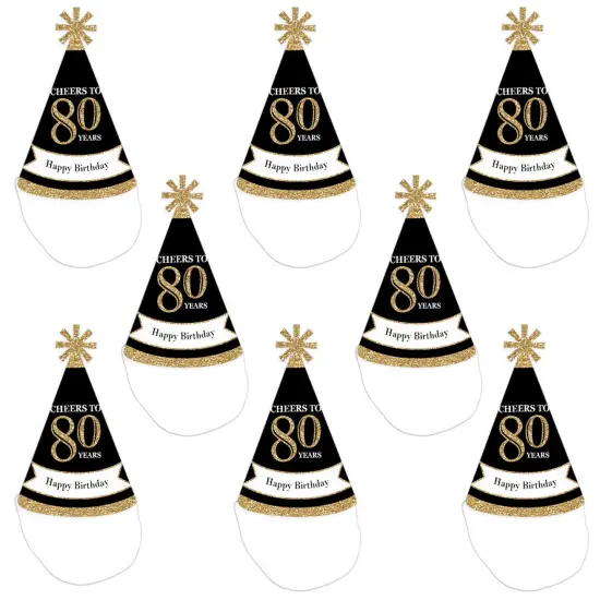 Big Dot of Happiness Adult 80th Birthday - Gold - Cone Birthday Party Hats for Adults - Set of 8 (Standard Size) {7}