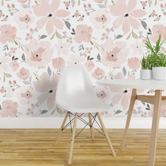 Pre-Pasted Wallpaper 2FT Wide Pastel Floral Blush Pink Peach Flowers Jumbo Scale Feminine Watercolor Custom Pre-pasted Wallpaper by Spoonflower {1}
