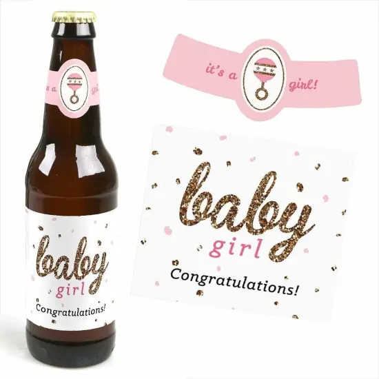 Big Dot of Happiness Hello Little One - Pink and Gold - Girl Baby Shower Decorations for Women and Men - 6 Beer Bottle Label Stickers and 1 Carrier {4}