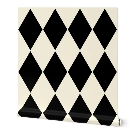 Peel & Stick Wallpaper 2FT Wide Diamonds Cosmic Latte Black Large Cream Geometric Squares White Checkered Custom Removable Wallpaper by Spoonflower {7}