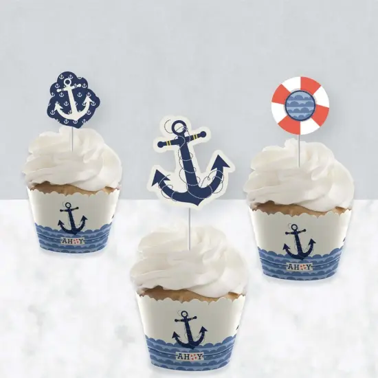 Big Dot of Happiness Ahoy - Nautical - Cupcake Decoration - Baby Shower or Birthday Party Cupcake Wrappers and Treat Picks Kit - Set of 24 {4}