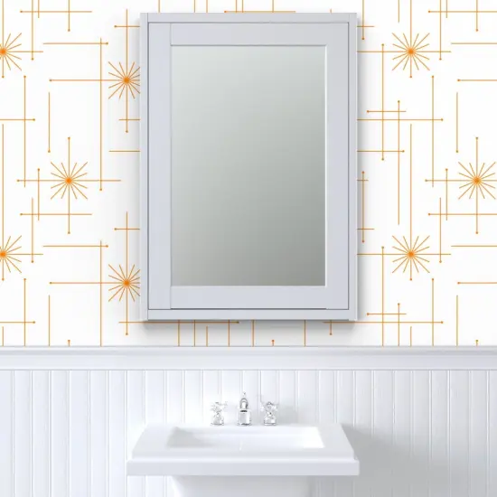 Pre-Pasted Wallpaper 2FT Wide Mid Century Atomic Starbursts White Orange Stars Abstract Modern Bold Sun Custom Pre-pasted Wallpaper by Spoonflower {6}