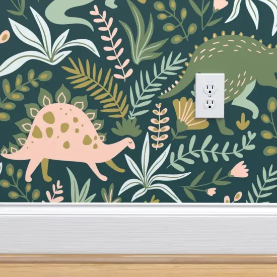 Peel & Stick Wallpaper 2FT Wide Botanical Dinosaurs Green Pink Animals Jurassic Kids Children Prehistoric Custom Removable Wallpaper by Spoonflower {4}