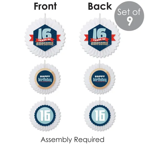 Big Dot of Happiness Boy 16th Birthday - Hanging Sweet Sixteen Birthday Party Tissue Decoration Kit - Paper Fans - Set of 9 {7}