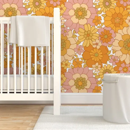 Pre-Pasted Wallpaper 2FT Wide Retro Floral Sunny Maximalist Blush Pink Mustard Gold Marigold 1960S Custom Pre-pasted Wallpaper by Spoonflower {7}