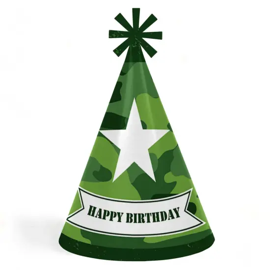 Big Dot of Happiness Camo Hero - Cone Happy Birthday Party Hats for Kids and Adults - Set of 8 (Standard Size) {1}