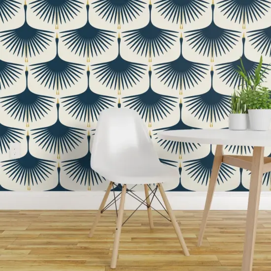 Pre-Pasted Wallpaper 2FT Wide Dark Blue Swans And Cream Mid Century Modern Art Deco Inspired Flying Cranes Custom Pre-pasted Wallpaper by Spoonflower {1}