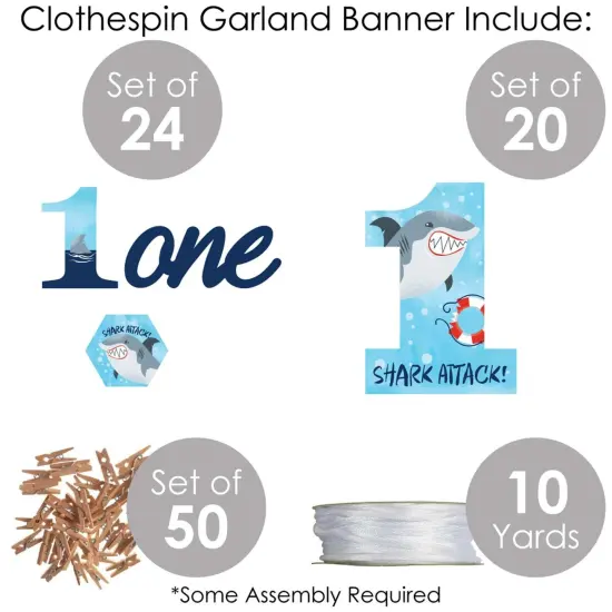 Big Dot of Happiness 1st Birthday Shark Zone - Jawsome Shark First Birthday Party DIY Decorations - Clothespin Garland Banner - 44 Pieces {6}