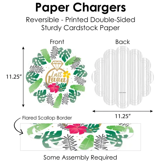 Big Dot of Happiness Last Luau Tropical Bachelorette Party & Bridal Shower Paper Charger and Table Decorations - Chargerific Kit - Place Setting for 8 {6}