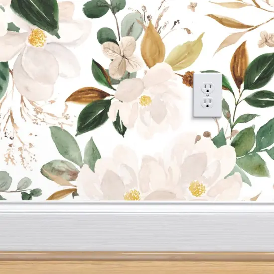 Peel & Stick Wallpaper 2FT Wide Romantic Magnolia Oversized Flowers Watercolor Modern Feminine Cream Green Bronze Custom Removable Wallpaper by Spoonflower {4}