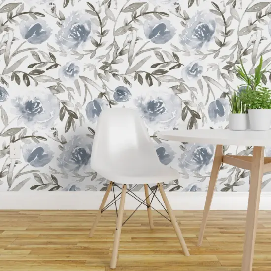 Peel & Stick Wallpaper 2FT Wide Blue Leaves Wild Flowers Watercolor Botanical Florals Wildflowers Floral Custom Removable Wallpaper by Spoonflower {1}